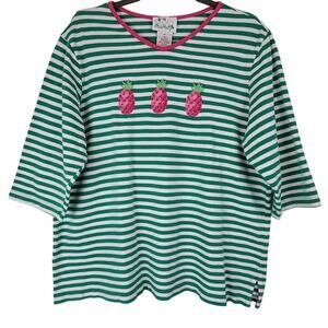 The Quacker Factory 100% Cotton Green Striped Top Beaded Pink Pineapple, Size 1X